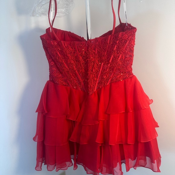 Sherri Hill Red Mini Dress Winter dance 57572 corset ruffles sequins short - Picture 5 of 13